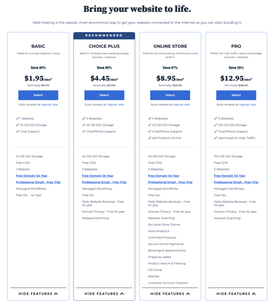 Bluehost blog hosting features and pricing